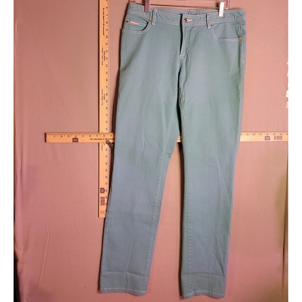 Michael Kors Aqua Blue Rhinestone MK Logo Straight Leg Jeans Womens Size 8